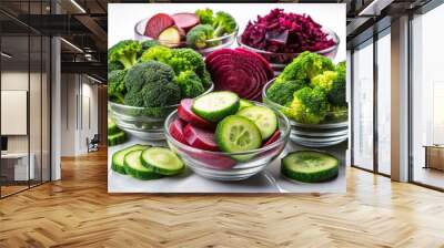 Vibrant Top View of Freshly Cut Broccoli, Beetroot, and Cucumber in Bowls on Transparent Background for Healthy Eating and Nutrition Concepts Wall mural