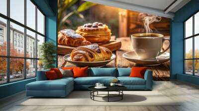 Warm morning light illuminates a perfectly arranged breakfast setting with steaming coffee and flaky, golden brown pastry on a rustic table. Wall mural