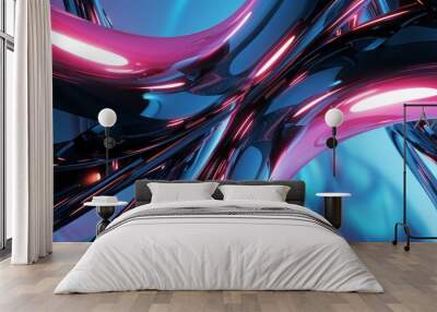 3D render, abstract background with colorful glass shapes and shiny curves in the style of a blue pink purple black white gradient Wall mural