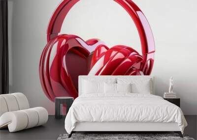 3D vector heart with headphones icon in the style of white background Wall mural