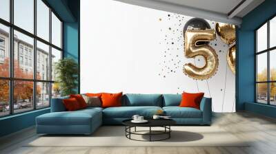 5th anniversary celebration background with golden foil balloons in the shape of the number five and confetti stars in black and white colors on a white background Wall mural