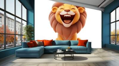 A cute cartoon lion, laughing happily with closed eyes and mouth open on a white background, Wall mural