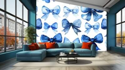 A seamless pattern of watercolor blue bows on a white background, in the style of Chinese artist. The bows flow across the page in an intricate yet relaxed design. Minimal editing was applied to corre Wall mural