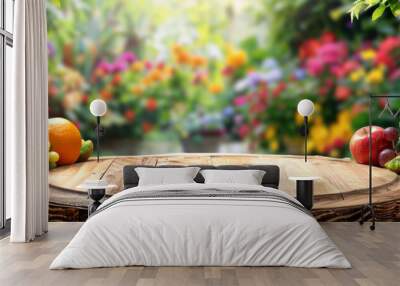 A wooden table with fruits and vegetables, surrounded by colorful flowers in the background Wall mural