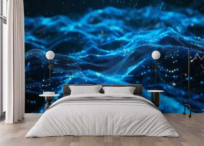 Abstract digital background with blue grid waves and glowing lines on a black background Wall mural