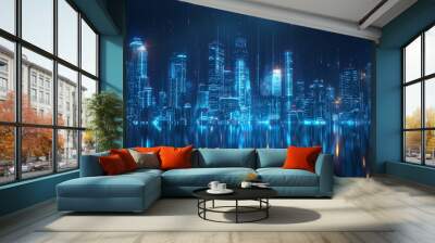 Abstract futuristic city skyline with glowing hologram buildings on a dark blue background Wall mural