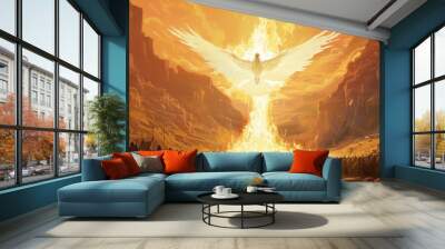 ancient Israel, the Lord's fire above an open desert oasis with many people gathered around in prayer and meditation Wall mural