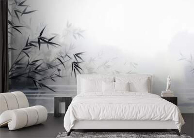 bamboo and branches in black and white, in the style of ink-wash landscape Wall mural