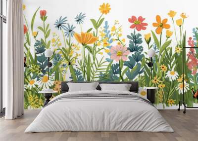 Beautiful wild meadow with flowers, butterflies and bees vector illustration on a white background Wall mural