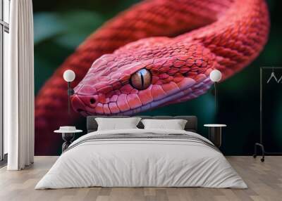 Close-up of a red snake's head, with vibrant red scales and shiny eyes. The background is blurred, Wall mural