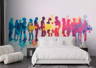 Colorful puzzle pieces form the silhouette of diverse business people Wall mural