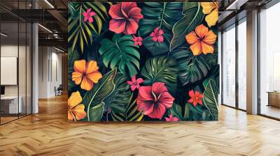 Colorful tropical flowers and leaves form a seamless pattern. A colorful exotic jungle vector illustration background features floral elements Wall mural