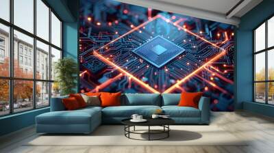 D Render of Digital Portal Concept with Glowing Blue Circuit Board Background Wall mural