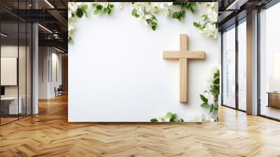 Easter background with a wooden cross and flowers on a white background Wall mural