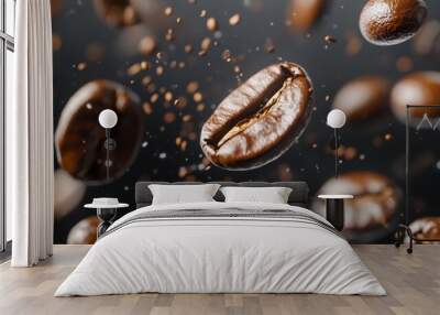 Falling coffee beans on a black background Wall mural