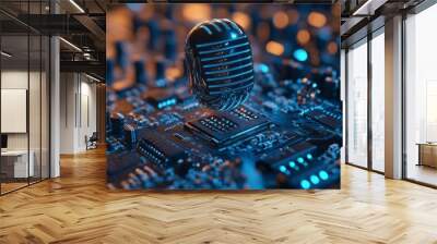 For Blue Dark Digital Macro: Microphone on electronic circuit board with blue light Wall mural