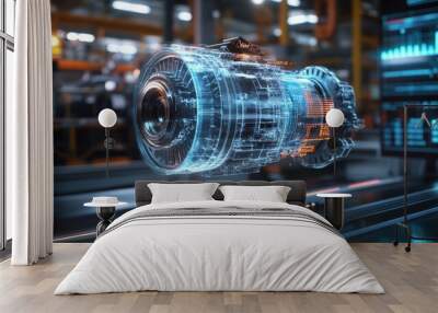 Futuristic Digital Design of an Air Compressor Engine with a Holographic Display on a transparent glass Wall mural