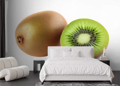 Isolated whole kiwi fruit and half on a white background, Wall mural