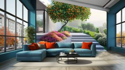 Modern house garden with stone and gravel, an orange tree in the center of the landscape design Wall mural