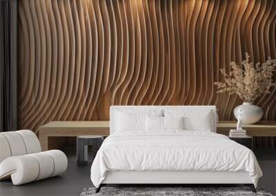 modern luxury hotel lobby wall with wavy wood relief panels and wall art. In front is a wooden table and vases Wall mural