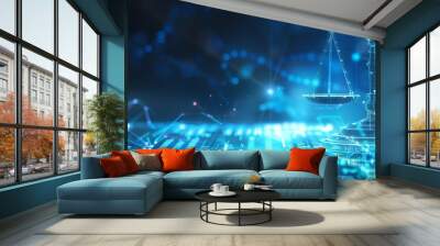 Scales of justice on digital background with blue hologram Wall mural