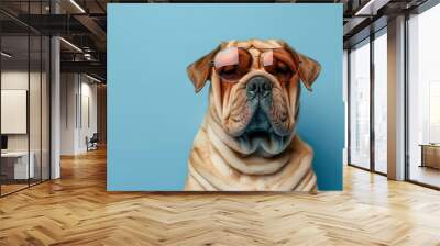 Shar pei dog wearing sunglasses isolated on blue background Wall mural