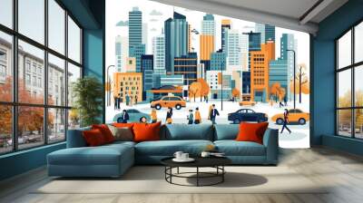 
Sleek vector illustration of smart city elements like people, cars, and buildings with a modern design. White background Wall mural