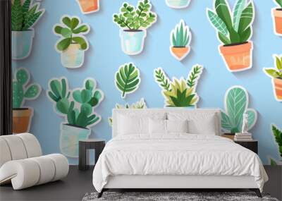 Sticker vector illustration of a cute houseplant pattern with various plants in pots on a light blue background Wall mural