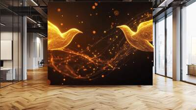 Two golden birds flying in the air, orange glow lines on dark background, Wall mural