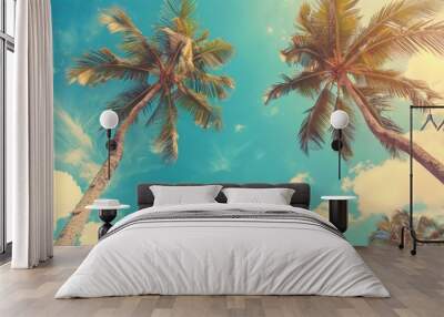 vintage tropical palm trees on blue sky background Wall mural