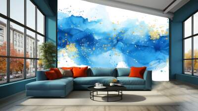 Watercolor blue abstract splash with gold glitter Wall mural