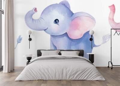 watercolor cute cartoon baby elephants in different poses, white background Wall mural