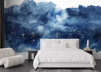 Watercolor dark blue galaxy night sky texture, stars and nebula on white background Wall mural