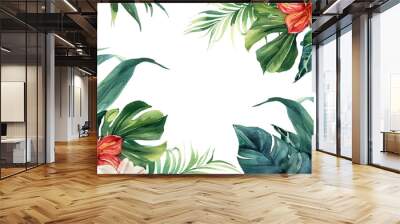 watercolor tropical leaves and flowers frame on a white background Wall mural