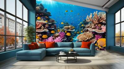 Colorful Underwater Coral Reef Scene with Depth and Movement in Wall mural