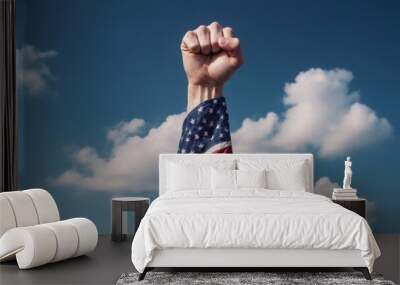 Patriotic hand gesture holding American flag against dark sky wi Wall mural