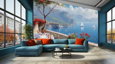 Scenic Coastal Painting with Vibrant Colors, White House, Table Wall mural