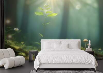 Serene forest scene with blurred background showcasing tall tree Wall mural