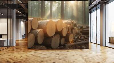 Sunlit Forest Scene with Stacked Tree Trunks and Serene Atmosphe Wall mural