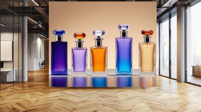 Vibrant Perfume Bottles in Sleek Design Arranged on Beige Backgr Wall mural