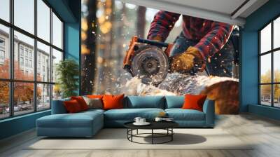 Lumberjack Cutting Wood with Circular Saw in Forest. Wall mural