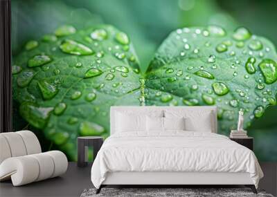 A close-up of a heart-shaped leaf with water droplets on its surface, symbolizing purity and freshness Wall mural