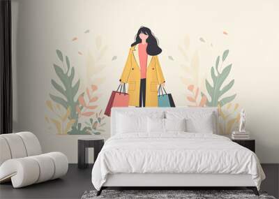 A minimal flat design illustration of a woman holding shopping bags, with simple lines and a pastel color palette Wall mural