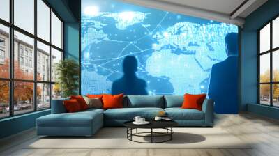 Global Connection: International Business People Communicating via Holographic Map for Global Communication Concept Wall mural