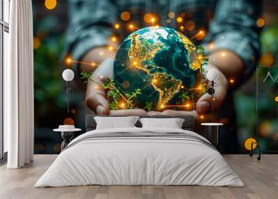 Sustainable Energy Concept - Hand Holding Globe Surrounded by Energy-Efficient Light Bulbs Wall mural