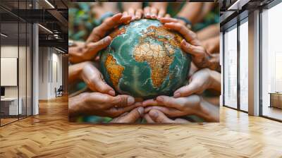 Unity for Ozone Protection: Diverse Group Holding Hands Around the Globe Wall mural