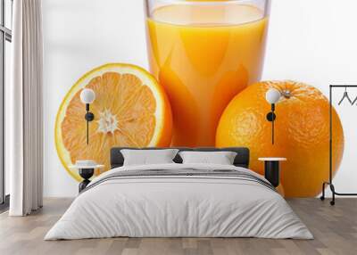 A glass of fresh orange juice with ripe oranges on a white background Wall mural