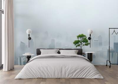 Cityscape with tree in the foggy morning, Business concept. Wall mural