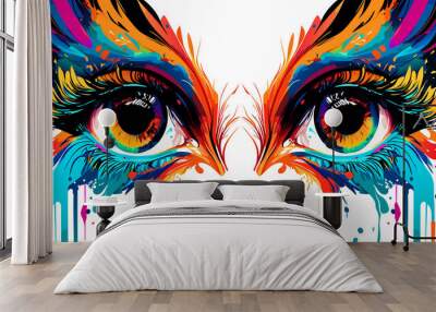 Closeup vector illustration of woman's face with dramatic eyelashes, focusing on colorful irises and intense gaze Wall mural