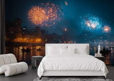 Fireworks Over Water. Wall mural